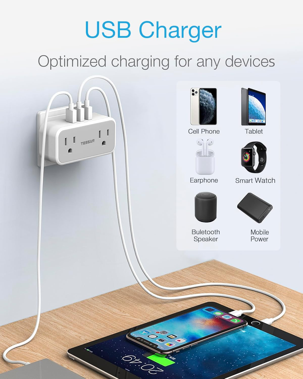 Double Outlet Plug Extender with USB, Multi Electrical Outlet Splitter with Dual Outlets 3 USB Wall Charger, Multiple Plug Expander for Home Office Travel Cruise Ship Dorm Room Essentials