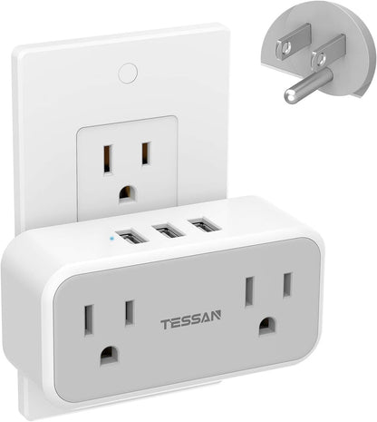 Double Outlet Plug Extender with USB,  Multi Electrical Outlet Splitter with Dual Outlets 3 USB Wall Charger, Multiple Plug Expander for Home Office Travel Cruise Ship Dorm Room Essentials